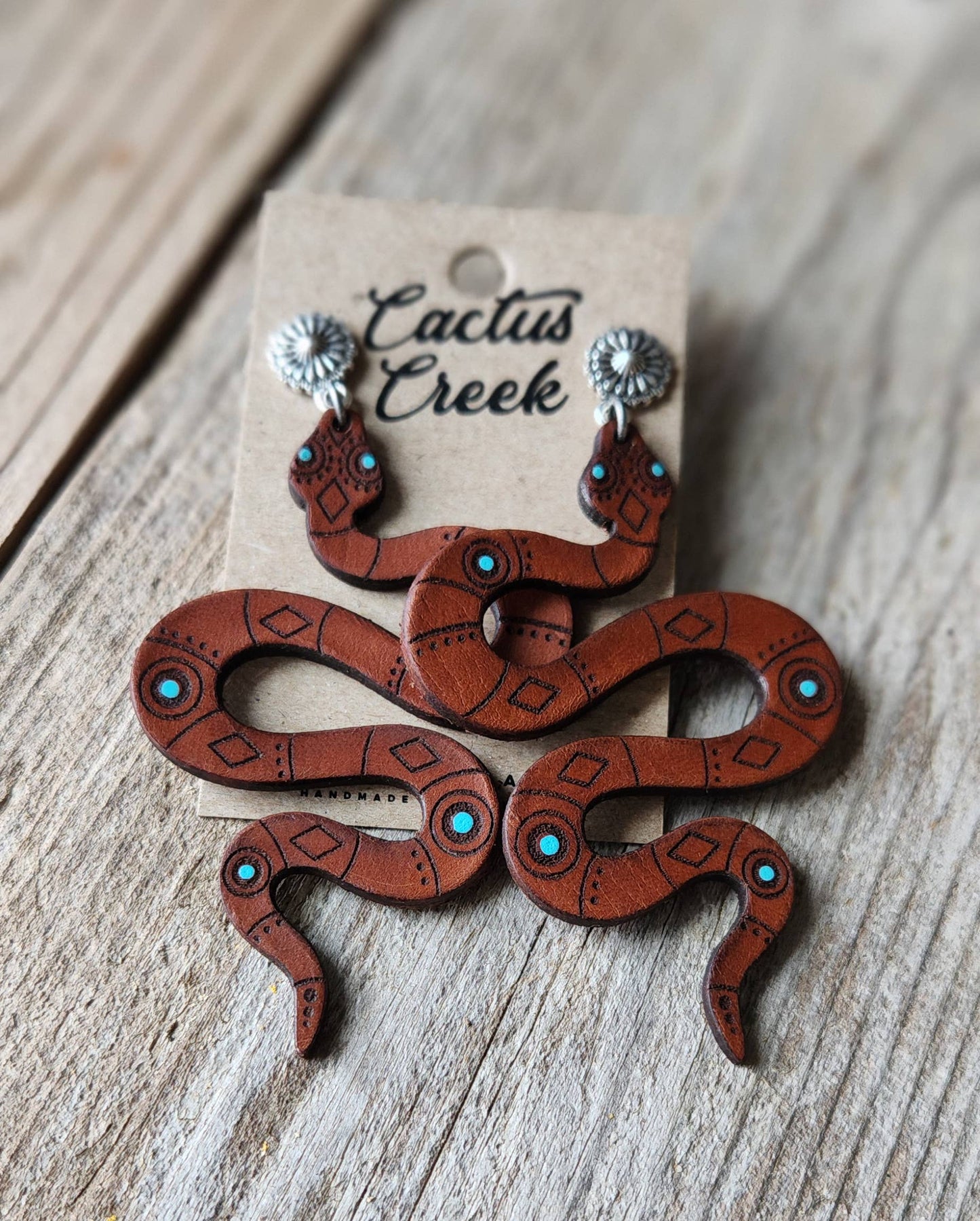 "Josie"  Handmade Tooled Leather Snake Earrings