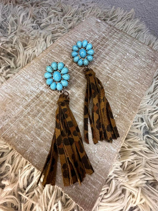 Teal Leopard Tassel Earrings