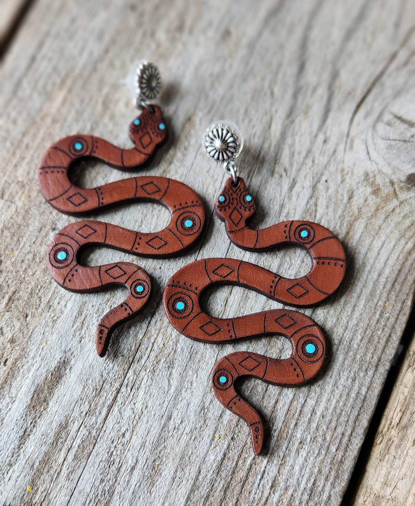 "Josie"  Handmade Tooled Leather Snake Earrings