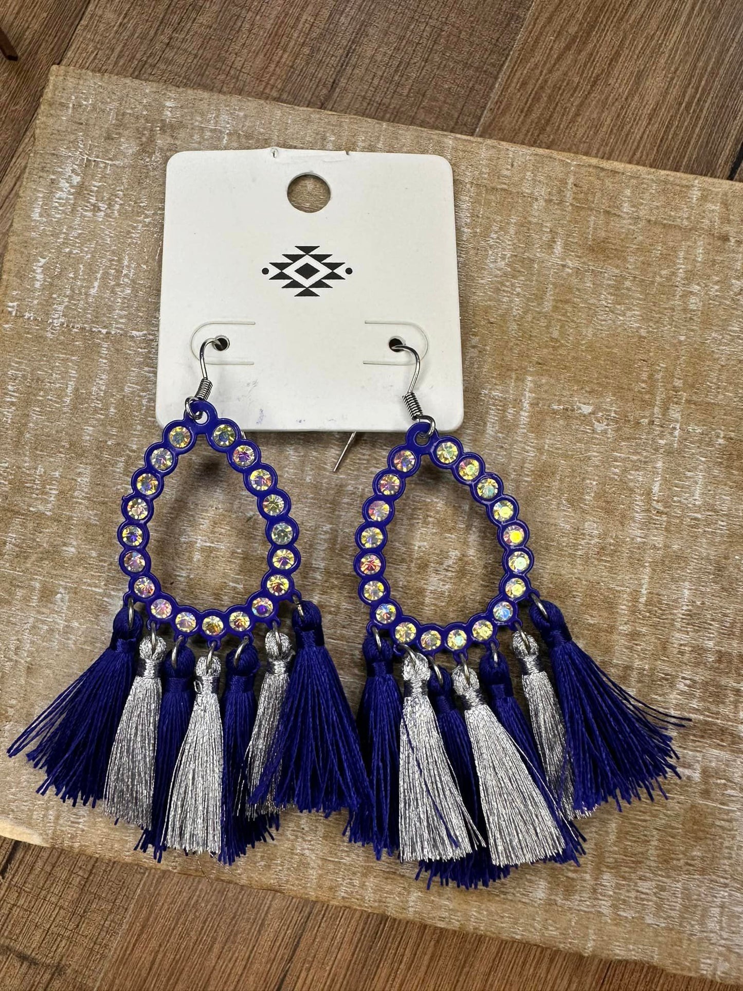 Blue Tassel and Rhinestone Earrings