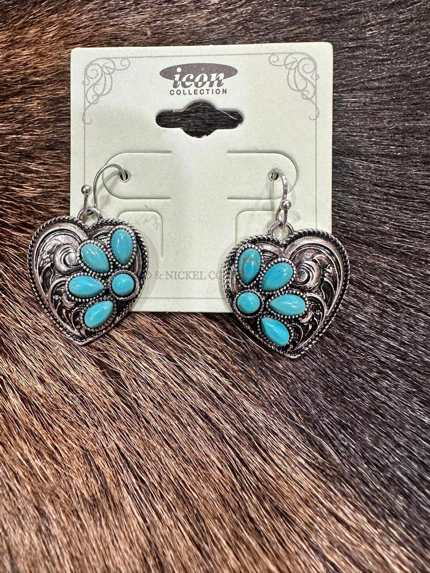 Turquoise Tooled Heart Earrings