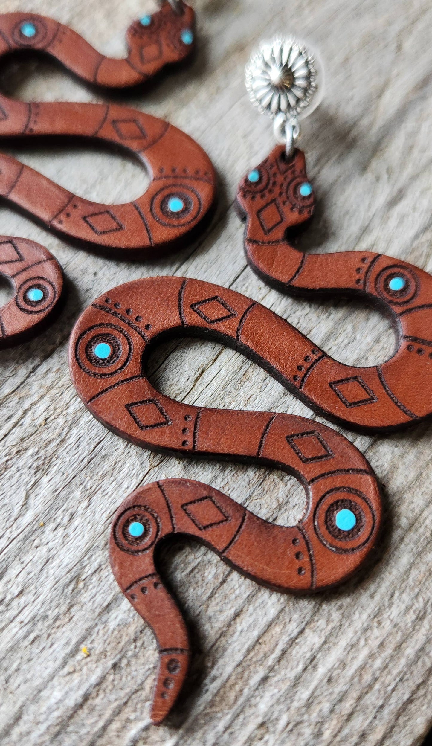 "Josie"  Handmade Tooled Leather Snake Earrings