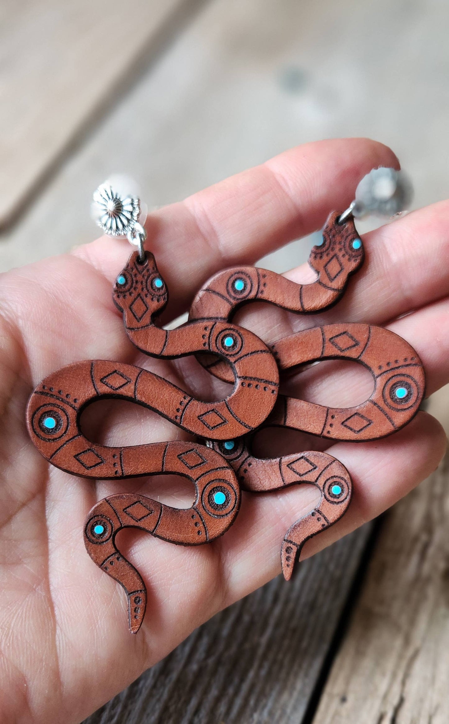 "Josie"  Handmade Tooled Leather Snake Earrings