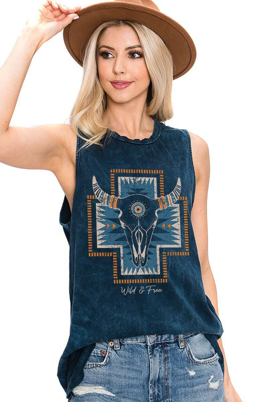 Boho Cow Skull Western Tank Top