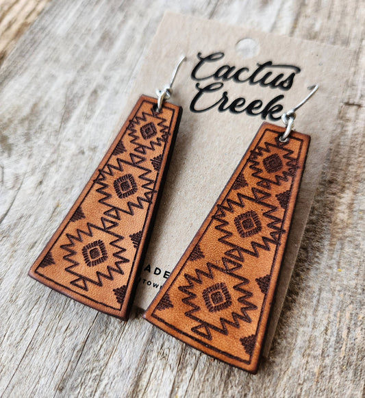 "Yuma"  Handmade Tooled Leather Aztec Earrings