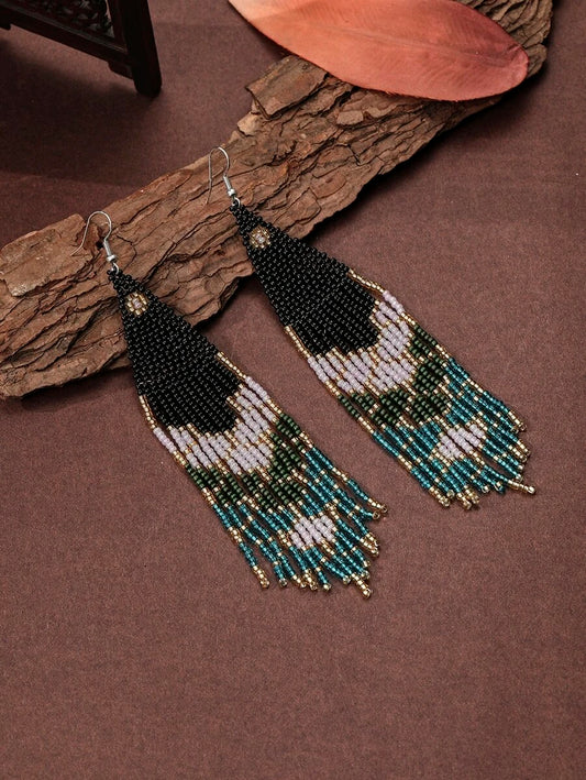 Black and Green Beaded Drop Earrings