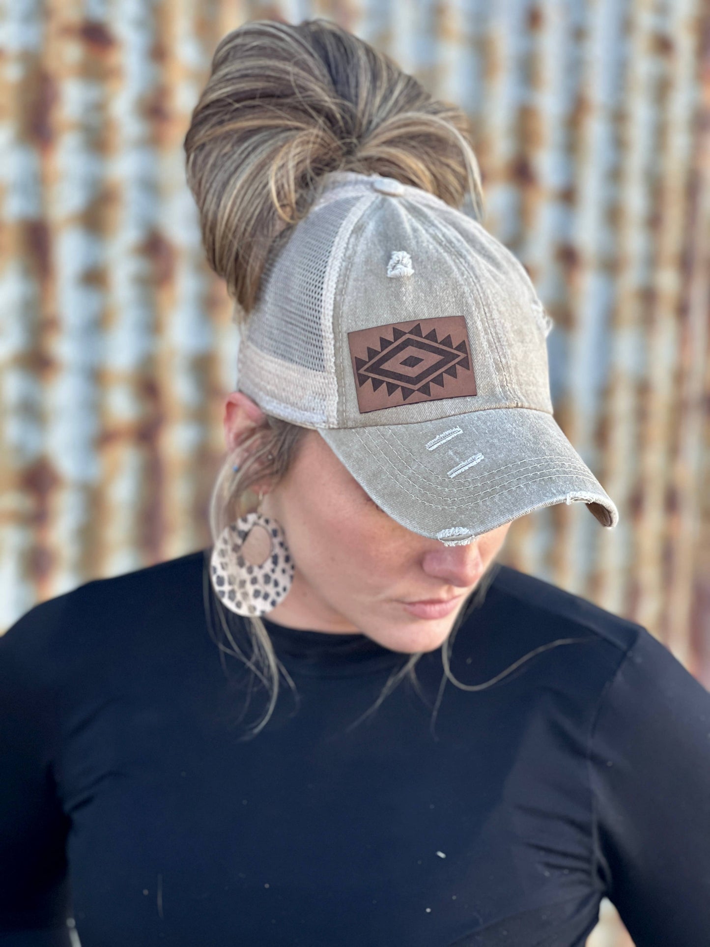 Western Aztec Womens Distressed Ponytail Baseball Cap